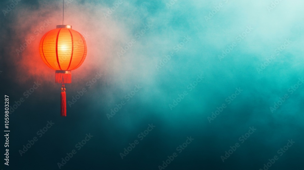 Poster red lantern hanging from string, enveloped in fog, creating soft glow and mysterious ambiance.