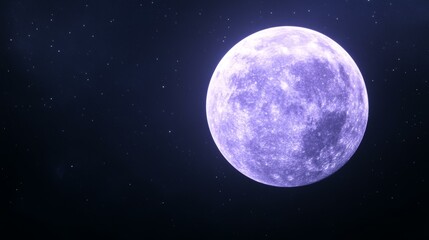 Large purple moon shining in night sky, casting ethereal glow over landscape, surrounded by stars.