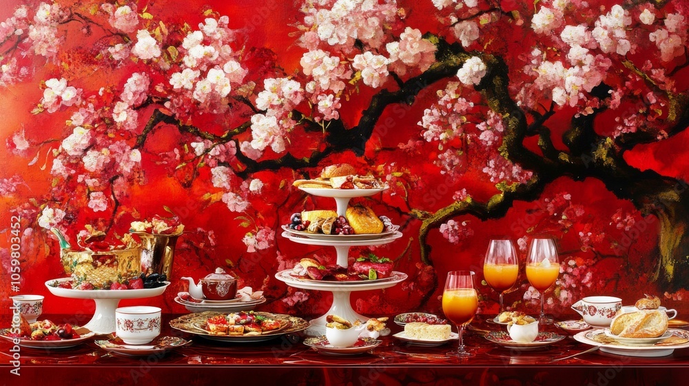 Poster red tablecloth on table against red wall, creating monochromatic setting with rich, bold color schem