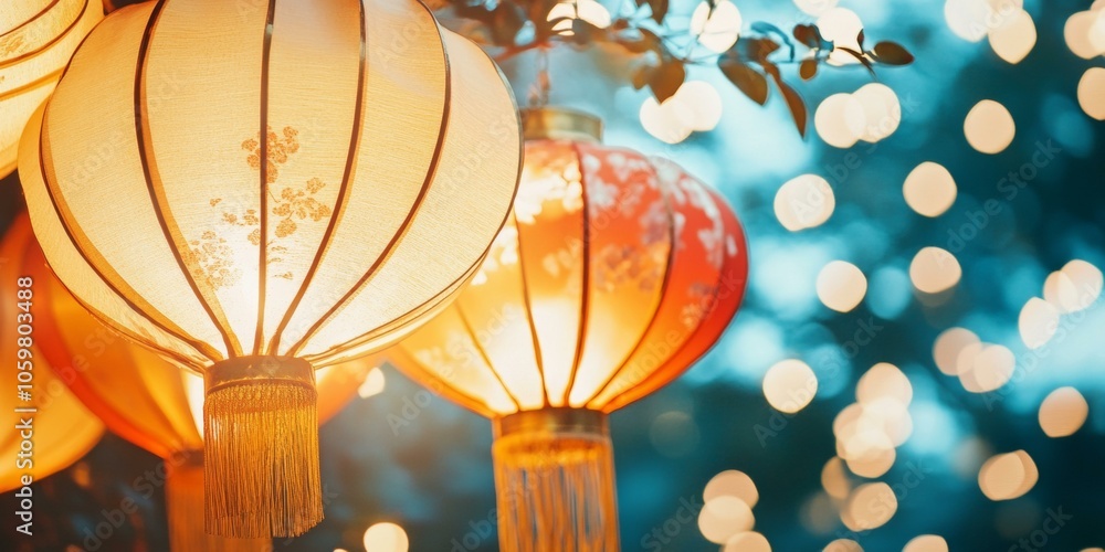 Poster hanging lights from tree branches create warm glow, illuminating natural setting during evening hour