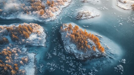 Frozen river with ice formations, surrounded by snow-covered trees, winter landscape with serene beauty.