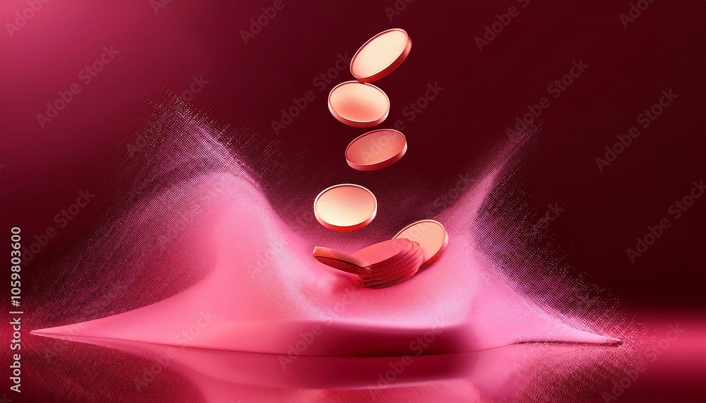Poster the image depicts floating coins suspended above a splash of powder against a vibrant pink backgroun