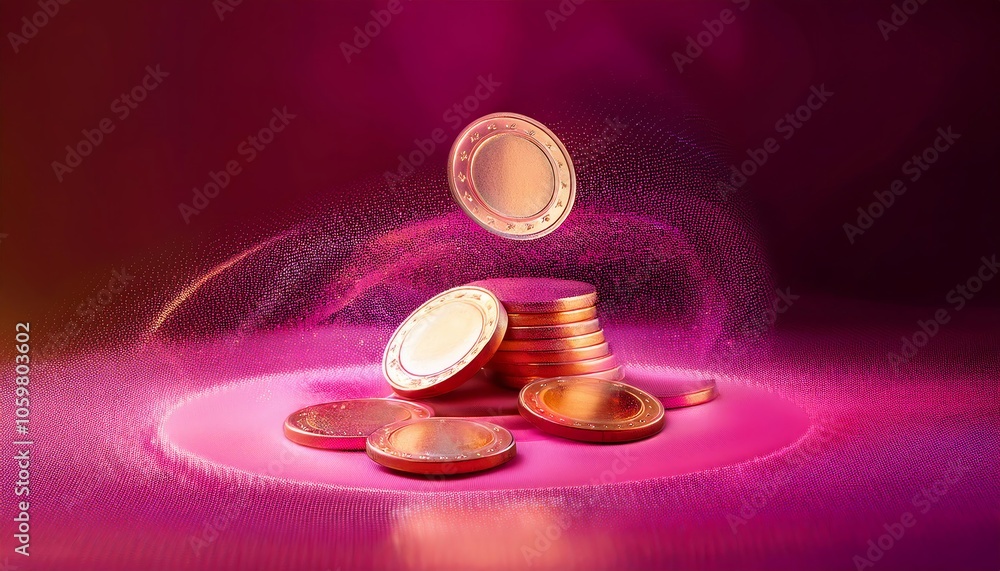 Poster a vibrant display of floating coins on a glowing surface, creating an illusion of wealth and prosper