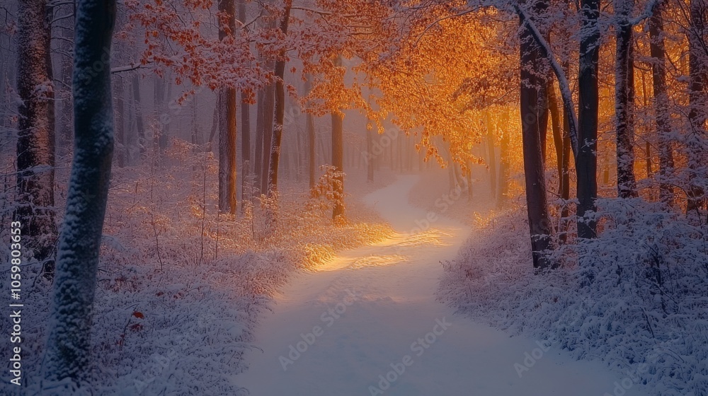Leinwandbilder A serene forest path is blanketed with fresh snow, while warm golden light filters through trees at dawn, creating a tranquil winter atmosphere.