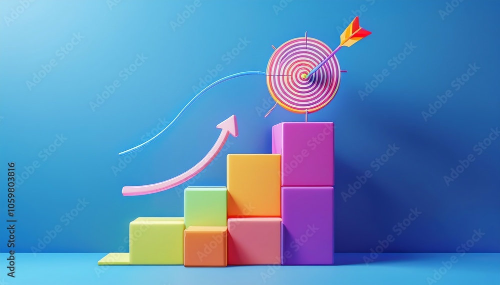Poster a colorful graphic representing growth and success, featuring blocks and an arrow targeting a spiral