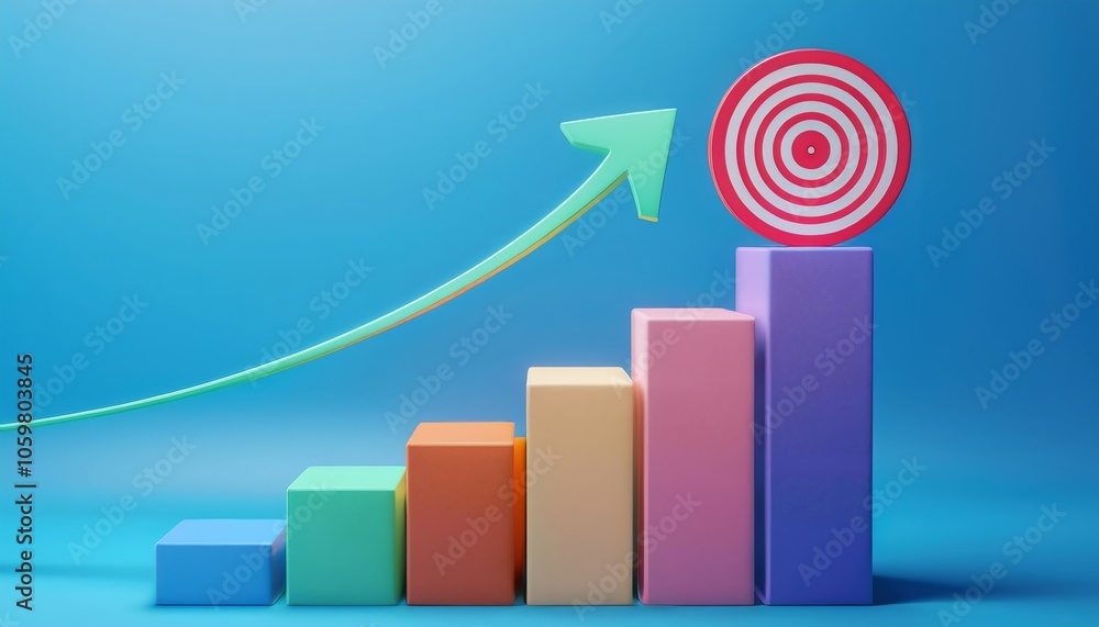 Poster a colorful bar graph indicates growth, with an upward arrow pointing to a target symbolizing achieve