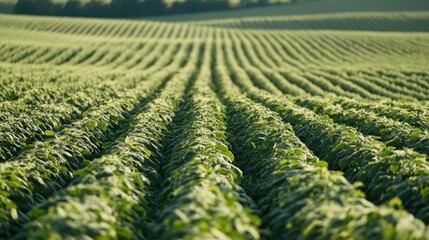 Fototapeta premium Rows of lush green crops growing in a large field. Agriculture and farming concept