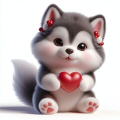 3d Cute fluffy christmas husky puppy doing mini heart pose, full body, white background