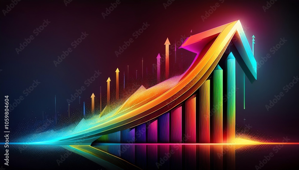 Poster a vibrant, digital graphic depicting an upward arrow with colorful waves, symbolizing growth and pro