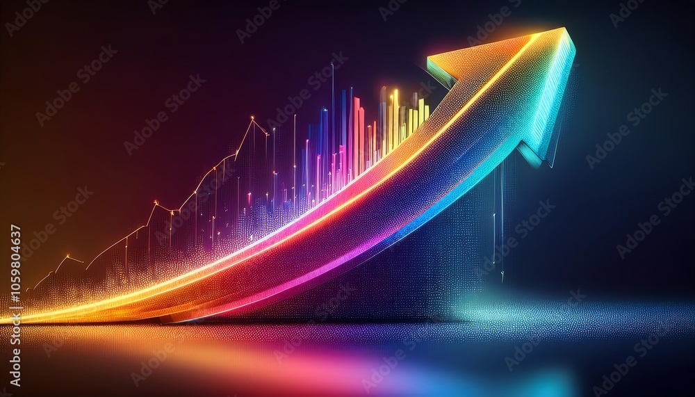 Poster a vibrant, abstract graphic featuring an upward arrow made of colorful particles, symbolizing growth