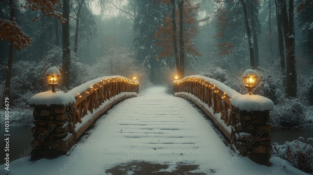 Poster the bridge, blanketed in snow, stands in a tranquil forest surrounded by tall trees. lanterns glow s