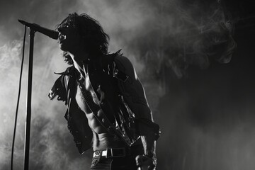 Dynamic rock performance with a male singer in a leather vest illuminated by dramatic lighting during a smoky stage ambiance. Generative AI