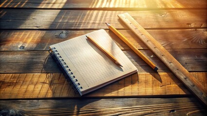 Fototapeta premium A blank notebook and pencils lie on a weathered wooden surface, bathed in the soft glow of sunlight filtering through the slats.