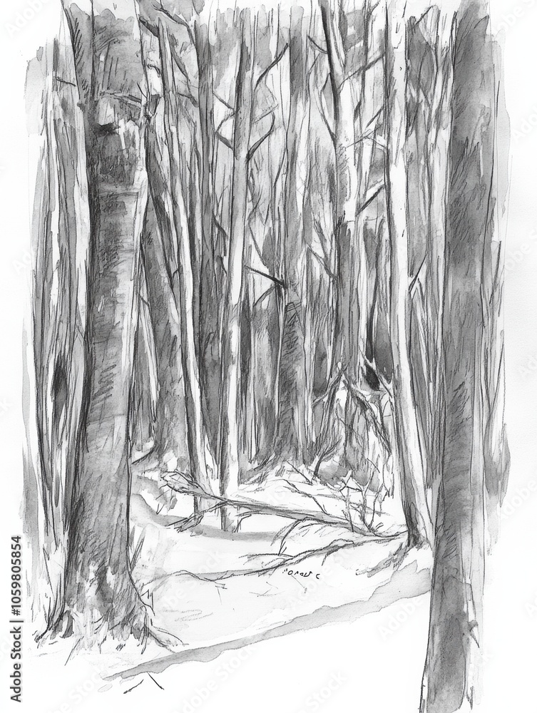 Poster a beautifully detailed black ink sketch of a dense forest, showcasing intricate trees and deep shado
