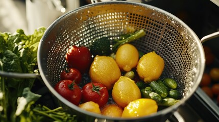 Fresh Vegetables and Fruits in a Colander