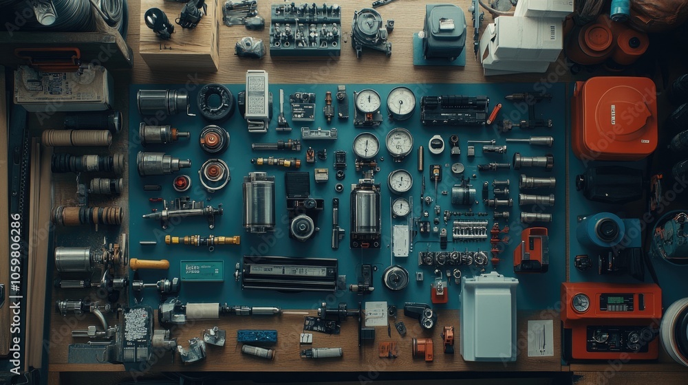 Poster various mechanical parts and tools on workbench surface