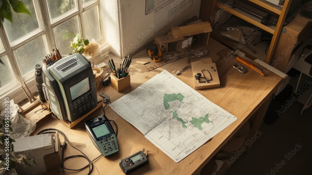 Poster Cozy Workspace with Map and Measurement Tools