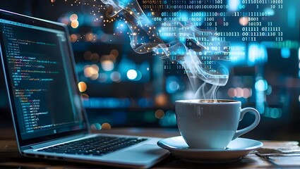 A coffee cup next to a laptop, with digital binary code floating up like steam from the coffee