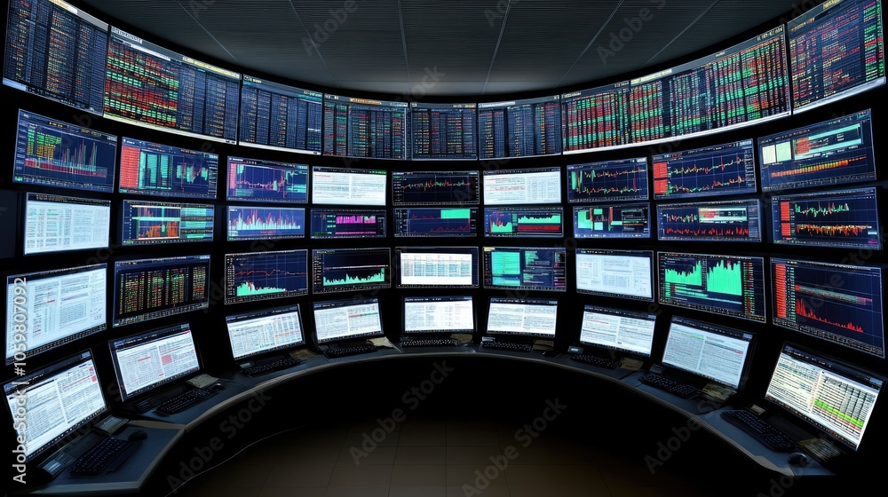 Poster advanced trading room with multiple screens displaying data