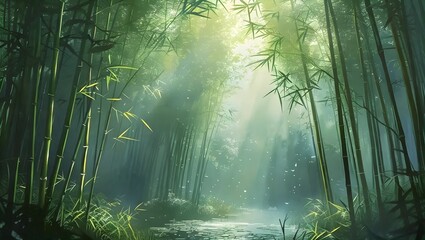Obraz premium A tranquil bamboo forest with towering green stalks reaching high toward a softly glowing light source