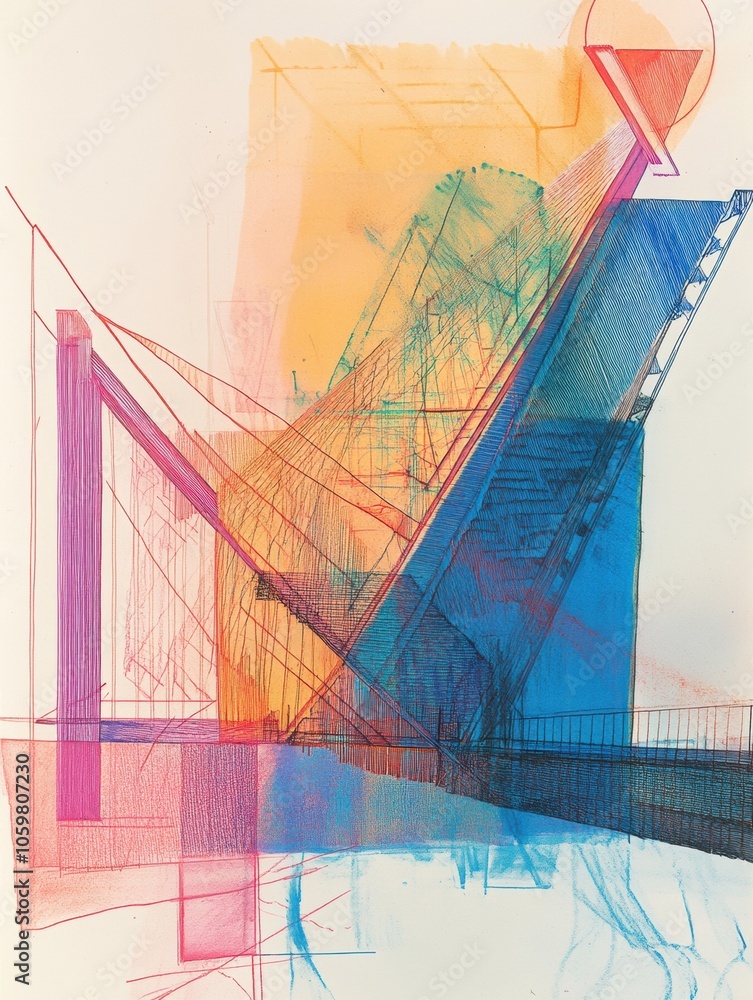 Poster The artwork features a bold, abstract design of a bridge, blending colors and geometric shapes to create a striking visual effect. Generative AI