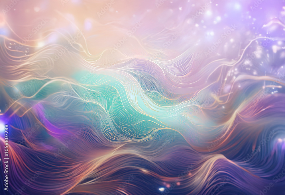 Poster abstract background with flowing lines and shimmering lights in pastel colors.