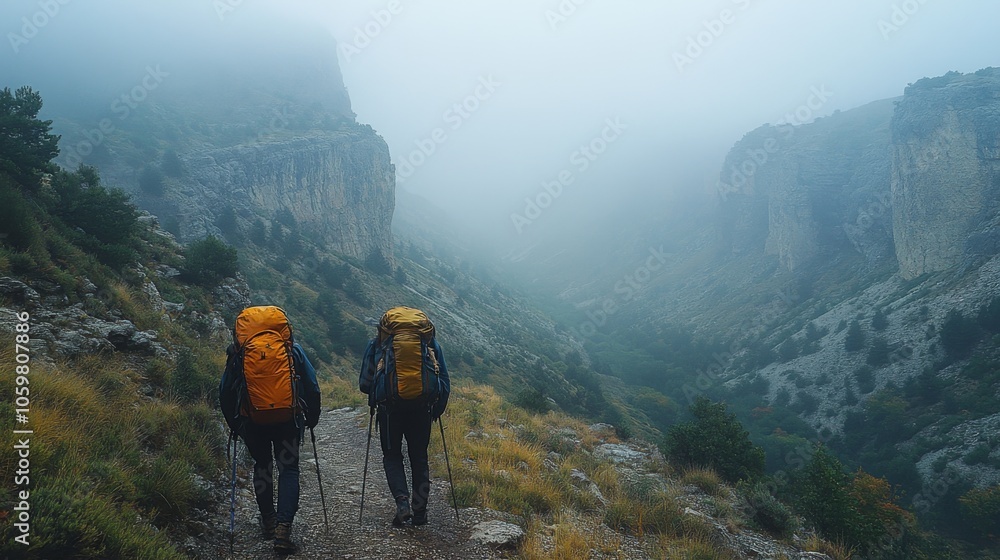Poster two hikers trek along a narrow path in a canyon shrouded in fog, surrounded by towering cliffs and l