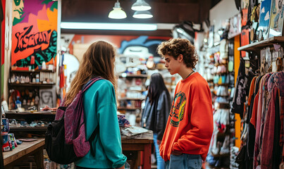 Obraz premium Teen and Family Shopping Adventures in Vibrant Markets and Urban Settings, Candid Moments in Diverse Locations