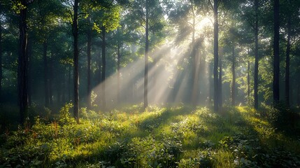 Fototapeta premium A serene forest scene illuminated by gentle rays of sunlight filtering through tall trees, creating a magical atmosphere of tranquility and natural beauty.