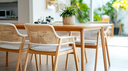 Fototapeta premium A stylish dining area featuring a wooden table and woven chairs, accented by a potted plant, creating a cozy and natural atmosphere.