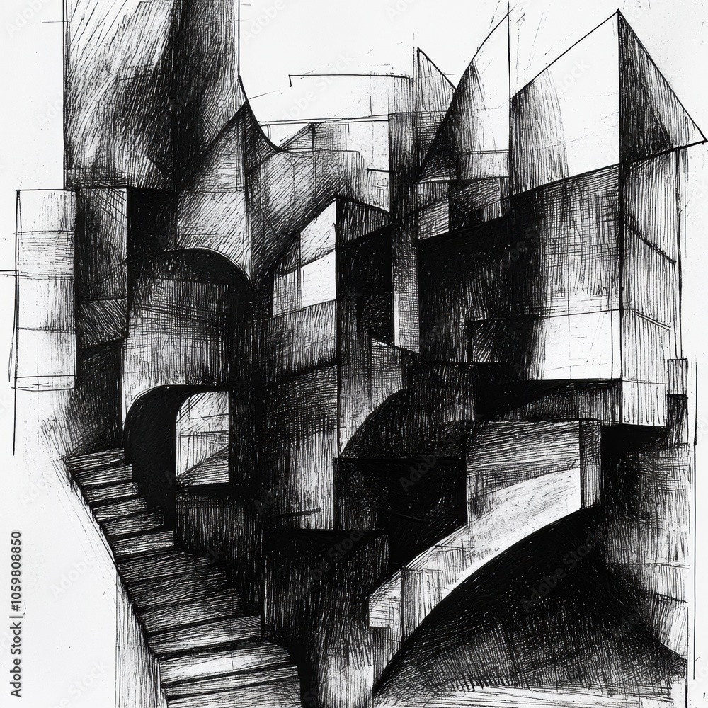 Leinwandbilder the artwork presents a striking urban landscape filled with dynamic geometric forms and layered stai
