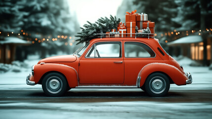 Vintage red car with Christmas tree and gifts on roof in snowy landscape with lights and blurred background.