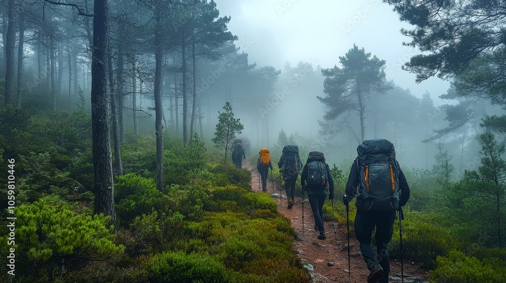 Poster a group of hikers trek along a narrow, winding path surrounded by tall trees and lush greenery in a 