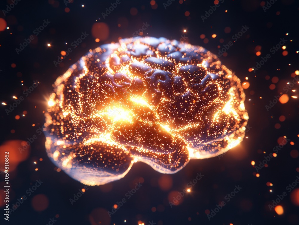 Poster illuminated brain exploring the intersection of neuroscience and digital artistry in a vibrant displ