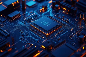 Obraz premium Circuit Board with Processor and Blue Lighting Detail