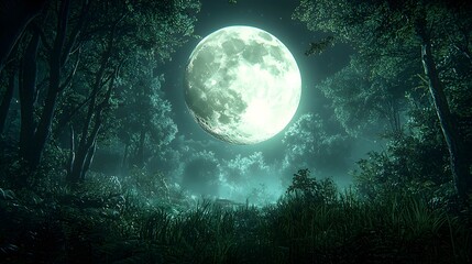 Fototapeta premium A serene nighttime forest scene illuminated by a large, glowing full moon, casting ethereal light on the lush greenery and creating a tranquil atmosphere.
