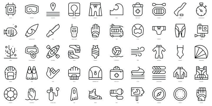 Set of thin line water sports Icons. Vector illustration