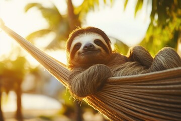 Relaxing Sloth in a Tropical Hammock at Sunset