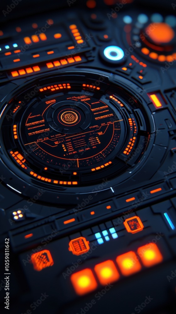 Poster futuristic interface design featuring intricate circular controls and vibrant neon lights