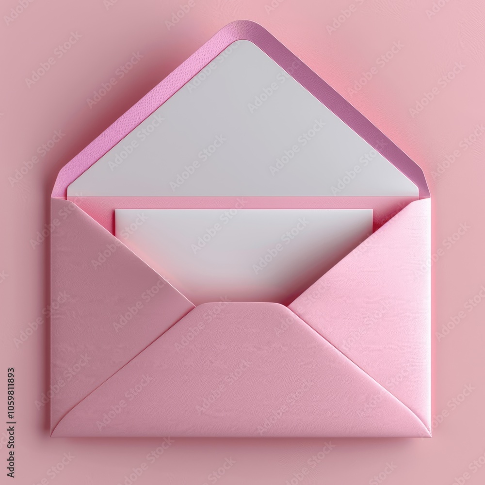 Poster 3d render of open pink envelope with blank white card on pastel background top view