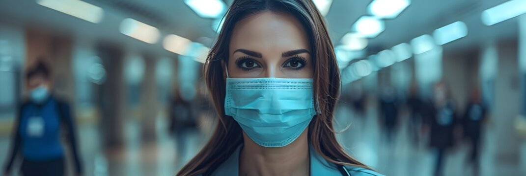 close-up of a woman wearing a face mask in a public place