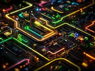 Obraz premium Intricate Neon Circuitry A Vibrant Exploration of Modern Technology and Design