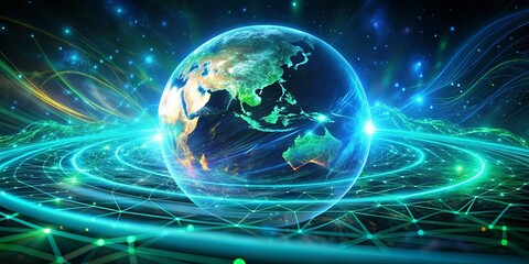 Obraz premium A luminous orb of the planet encircled by glowing trails and interconnected networks against a backdrop of twinkling stars.