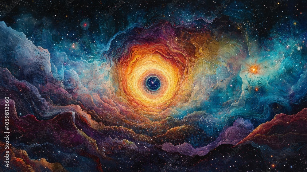 Poster traveling through the center of a colorful galaxy wormhole, an abstract representation of a sci-fi a