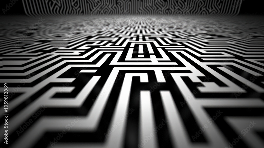 Poster intricate black and white maze design with endless pathways and patterns