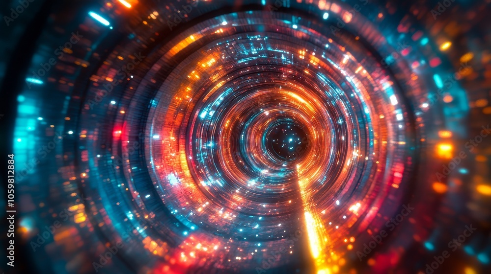 Poster traveling through the center of a colorful galaxy wormhole, an abstract representation of a sci-fi a