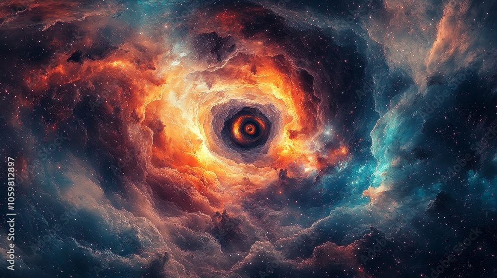 Poster traveling through the center of a colorful galaxy wormhole, an abstract representation of a sci-fi a