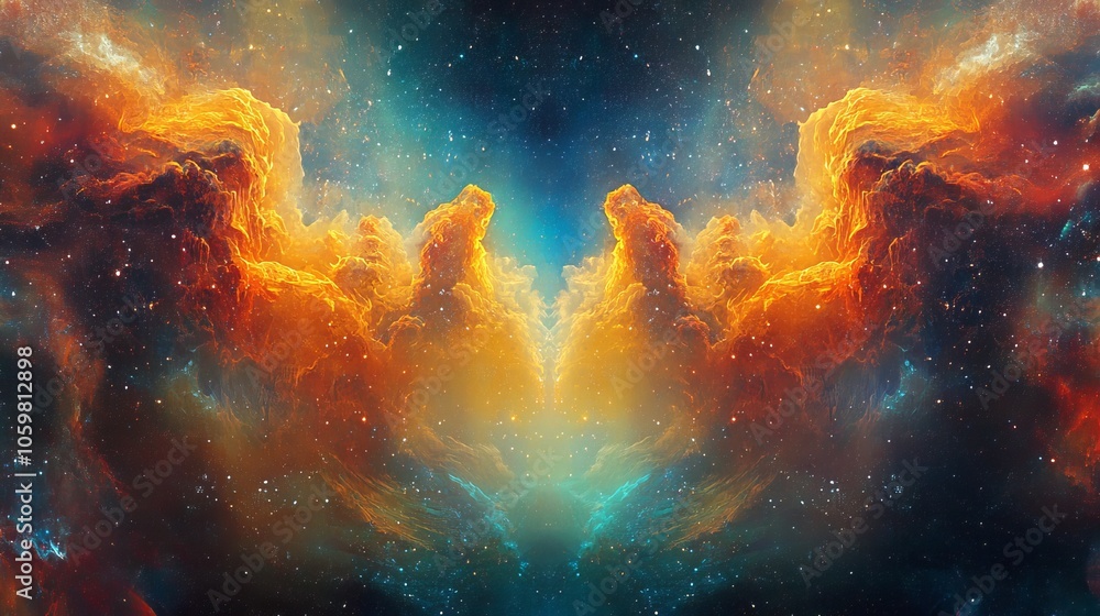 Poster traveling through the center of a colorful galaxy wormhole, an abstract representation of a sci-fi a