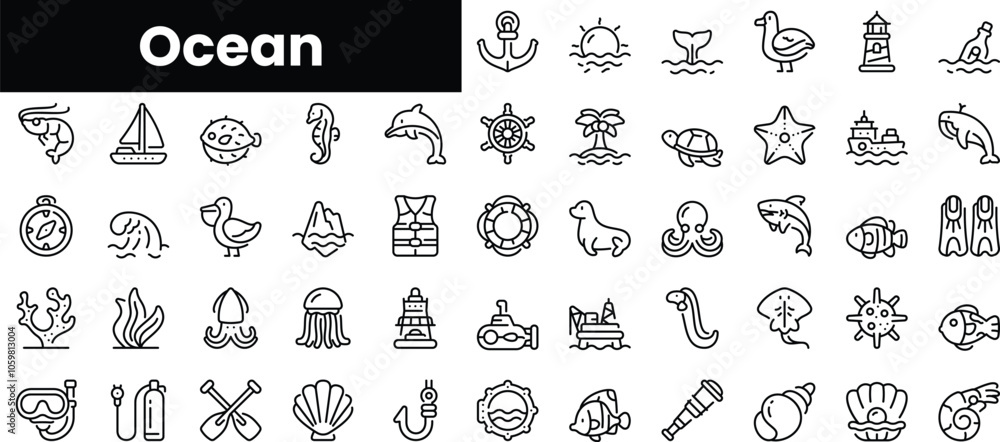 Poster set of outline ocean icons. minimalist thin linear web icon set. vector illustration.
