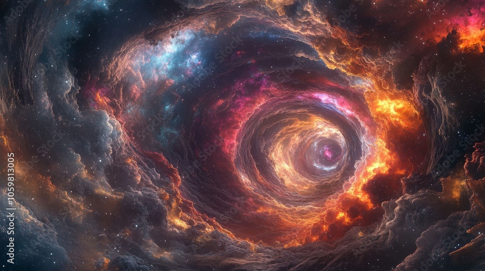 Poster traveling through the center of a colorful galaxy wormhole, an abstract representation of a sci-fi a